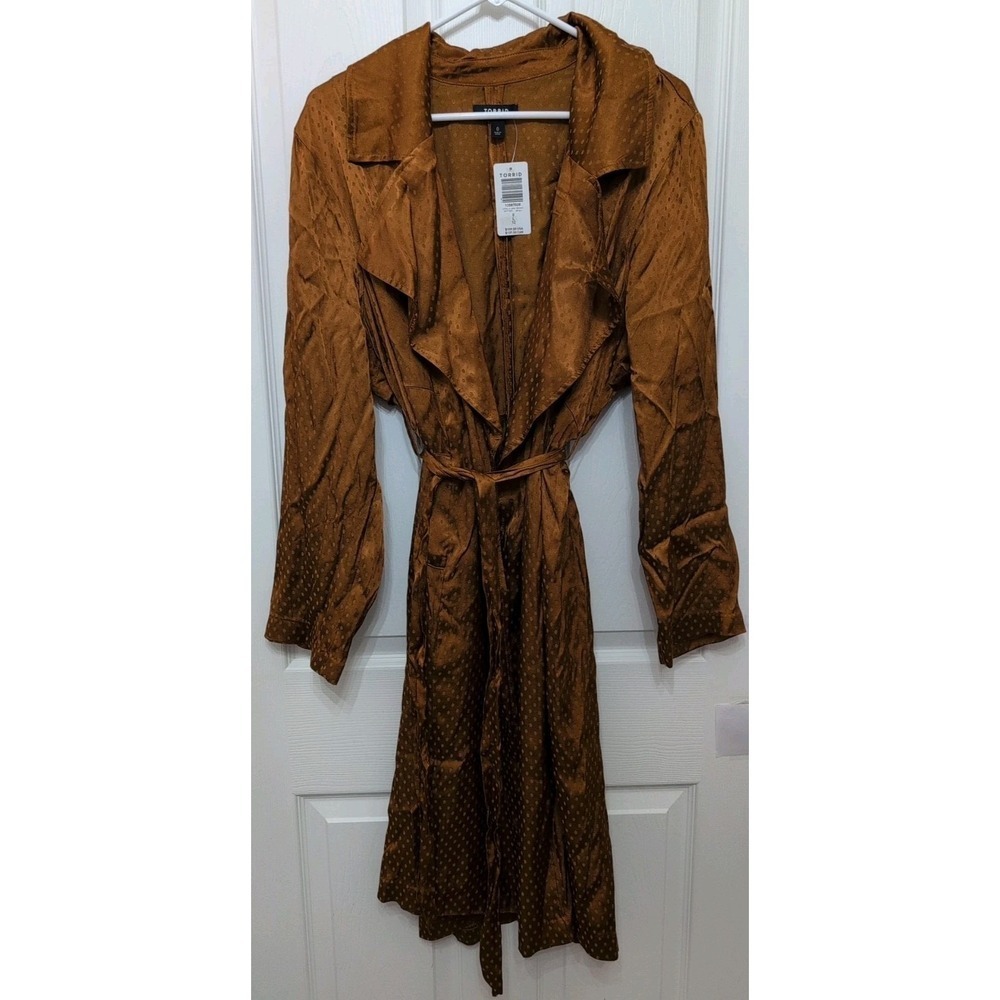 TORRID Copper Jacquard Belted Open Front Long Sleeves Trench Coat Size 0 12‎ NWT - Picture 2 of 9